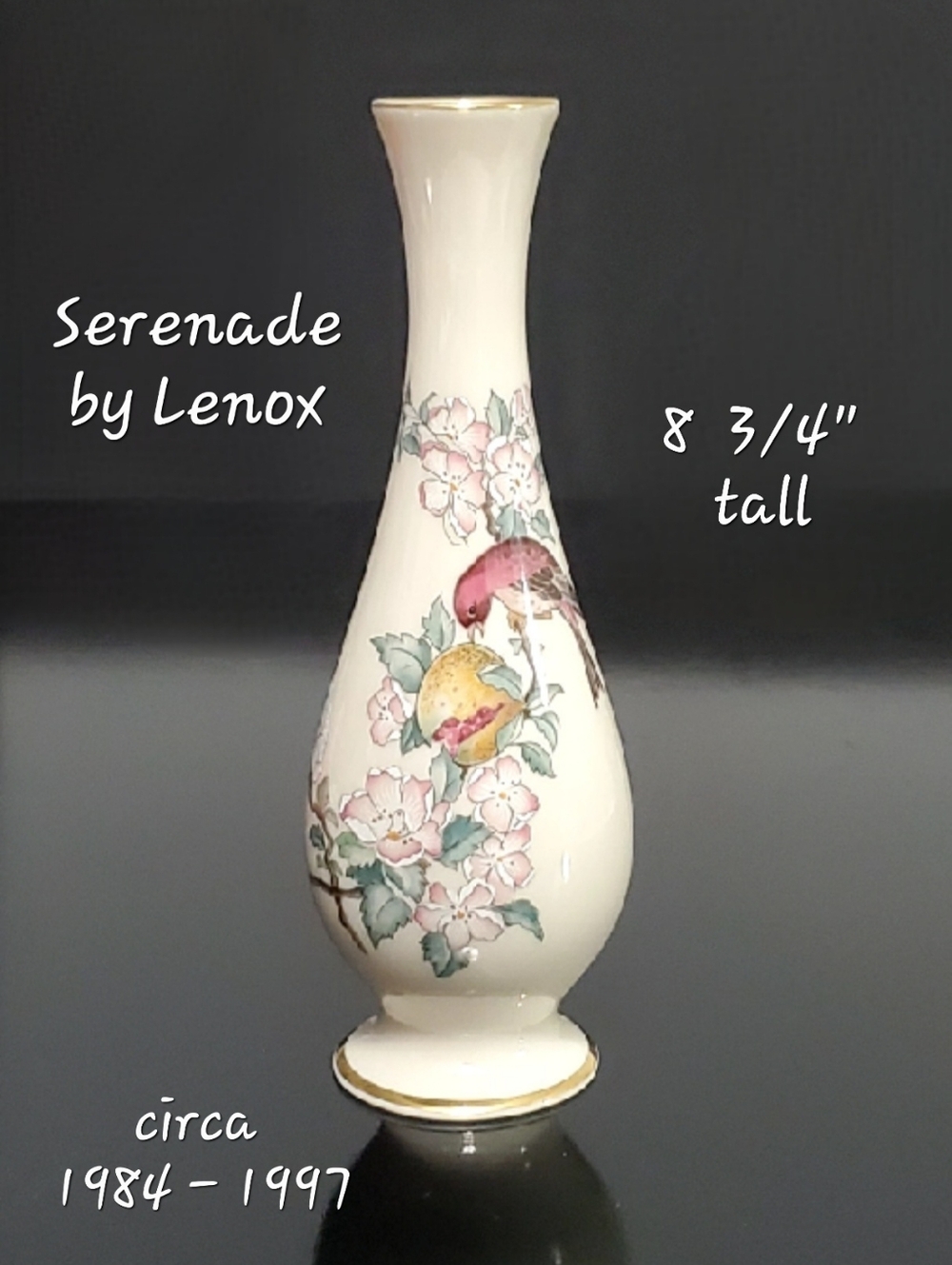 Vntg 8 3/4" Lenox Serenade Ivory China Bud Vase 24K Gold Trim Pink Blossoms